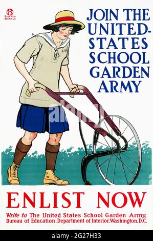 Poster militare d'epoca che incoraggia la gente ad unirsi alla United States School Garden Army. Foto Stock