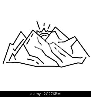 Escursioni avventura montagna ,viaggio,viaggio,campeggio. Disegno icona disegnata a mano, contorno nero, icona doodle vettore icona Illustrazione Vettoriale