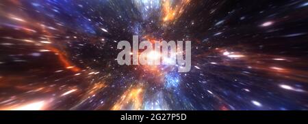 Tunnel astratto dell'iperspazio attraverso il vortice spaziale. Illustrazione 3D Sci-Fi viaggio interstellare attraverso il wormhole in iperspazio. Teleport di rendering 3D Foto Stock