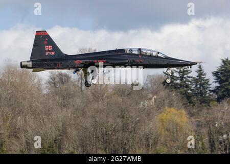 Un Talon dell'aeronautica statunitense T-38C si prepara per l'atterraggio. Foto Stock