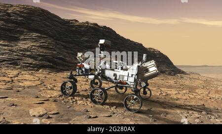 Il concetto dell'artista della perseveranza rover che studia un affioramento. Foto Stock