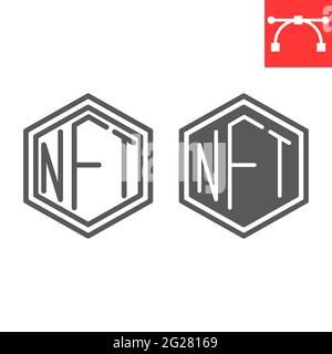Icona di linea e glifo NFT, token e blockchain, icona di vettore token non fungibile, grafica vettoriale, segno di contorno del tratto modificabile, eps 10 Illustrazione Vettoriale