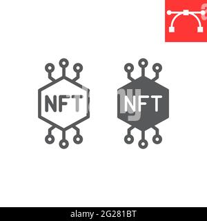 Icona di linea e glifo NFT, token e blockchain, icona di vettore token non fungibile, grafica vettoriale, segno di contorno del tratto modificabile, eps 10. Illustrazione Vettoriale