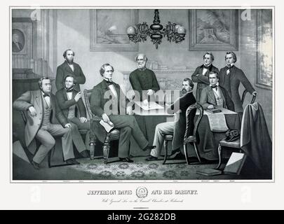Jefferson Davis e il suo gabinetto, con il Generale Lee nella camera del consiglio a Richmond, circa 1863. Foto Stock