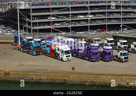 In una giornata estiva brillante, il lato della banchina presso i moli occidentali di Southampton è ben fornito di automobili e camion in attesa di caricamento sulle navi per l'esportazione Foto Stock