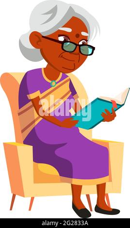 età matura india donna lettura ricettario libro in soggiorno sedia vettore cartoon Illustrazione Vettoriale