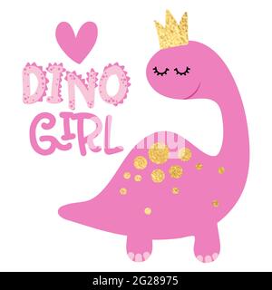 Dino Girl - divertente doodle disegnato a mano, dino cartoon. Adatto per poster o t-shirt grafica tessile. Illustrazione vettoriale disegnata a mano. Dinosauro Regina. Illustrazione Vettoriale