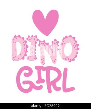 Dino Girl - divertente doodle disegnato a mano, cartoon testo dinosauro . Adatto per poster o t-shirt grafica tessile. Illustrazione vettoriale disegnata a mano. Dinosa Illustrazione Vettoriale