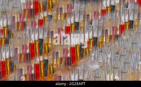 Estrazione di fondo chimico da provette multicolore. Banner da laboratorio. Diversi liquidi luminosi in una provetta di vetro. Foto Stock