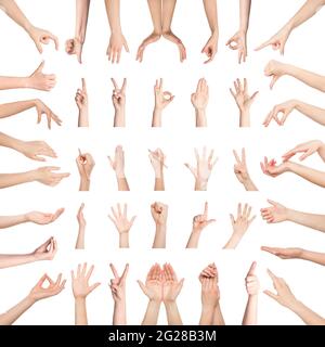 Raccolta di mani femminili che gesturano su sfondo bianco Foto Stock