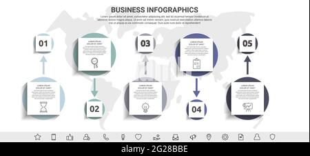 Infografiche minime con cinque elementi quadrati o cerchi. Visualizzazione moderna del concetto di timeline a 5 fasi. Modello piatto per presentazioni Illustrazione Vettoriale