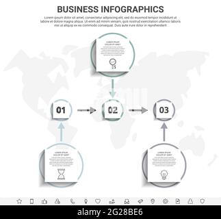 Infografiche minime con tre elementi quadrati o cerchi. Visualizzazione moderna del concetto di timeline a 3 fasi. Sagoma piatta per diagramma Illustrazione Vettoriale