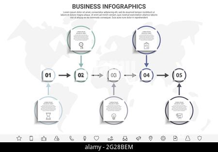 Infografiche minime con cinque elementi quadrati o cerchi. Visualizzazione moderna del concetto di timeline a 5 fasi. Modello piatto per presentazioni Illustrazione Vettoriale