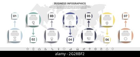 Infografiche minime con sette elementi quadrati o cerchi. Visualizzazione moderna del concetto di timeline a 7 fasi. Modello piatto per diagramma, striscione Illustrazione Vettoriale