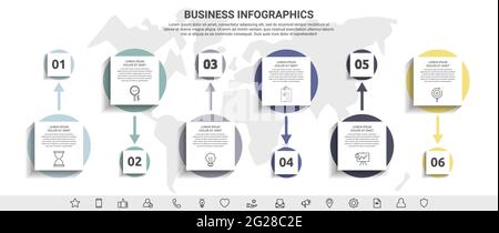 Infografiche minime con sei elementi quadrati o cerchi. Visualizzazione moderna del concetto di timeline a 6 fasi. Modello piatto per diagramma, business Illustrazione Vettoriale