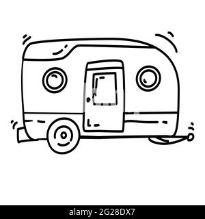 Escursione avventura caravan, viaggio, viaggio, campeggio. Disegno icona disegnata a mano, nero contorno, icona doodle vettore icona Illustrazione Vettoriale