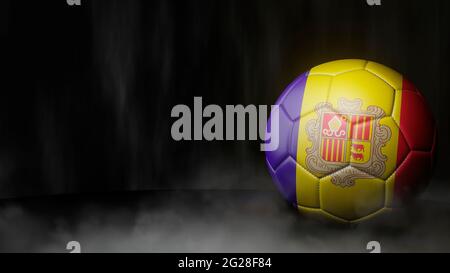 Palla di calcio in colori bandiera su uno sfondo astratto scuro. Andorra. Immagine 3D. Foto Stock