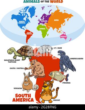 Cartoni animati didattici di specie animali sudamericane e mappa del mondo con i continenti Illustrazione Vettoriale