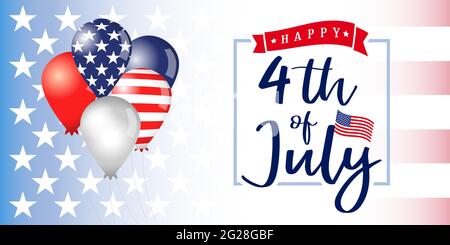 4 di luglio Independence Day USA banner con palloncini. Happy Independence Day sfondo con tipografia su bandiera americana e palloncini. Illustrazione vettoriale Illustrazione Vettoriale