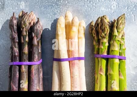 Germogli di asparagi verdi, viola e bianchi su un guardaroba di metallo. Vista dall'alto in piano. Fotografia alimentare Foto Stock