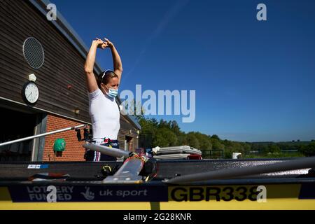 Helen Glover della Gran Bretagna durante l'annuncio del team GB Tokyo 2020 Rowing al Redgrave Pinsent Rowing Lake, Reading. Data immagine: Mercoledì 9 giugno 2021. Foto Stock