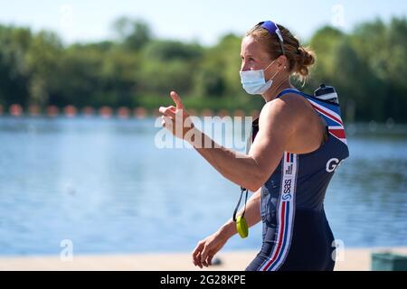 Helen Glover della Gran Bretagna durante l'annuncio del team GB Tokyo 2020 Rowing al Redgrave Pinsent Rowing Lake, Reading. Data immagine: Mercoledì 9 giugno 2021. Foto Stock