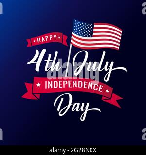 Banner creativo Happy Independence Day USA. Modello grafico astratto isolato. Colori rosso, blu, bianco. Scritta calligrafica. Log decorativo Illustrazione Vettoriale