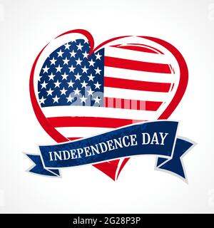Badge cuore creativo USA Happy Independence Day. Modello di disegno web grafico astratto isolato. Colori rosso, blu, bianco. Scritta calligrafica. Arredamento Illustrazione Vettoriale
