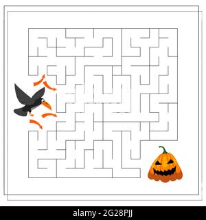 Gioco per bambini passare attraverso il labirinto, corvo, Halloween. Vettore isolato su sfondo bianco. Illustrazione Vettoriale