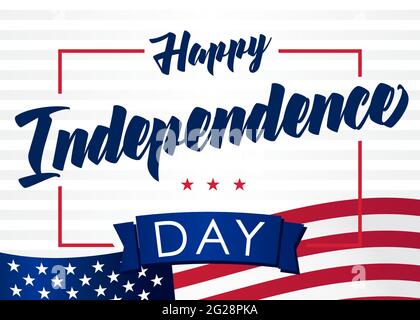 Banner creativo Happy Independence Day USA. Modello grafico astratto isolato. Colori rosso, blu, bianco. Scritta calligrafica. Log decorativo Illustrazione Vettoriale