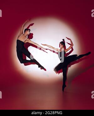 Ballerini balletti che ballano su sfondo rosso dello studio. Design moderno. Luce concettuale colorata e contemporanea come sole nascente al Giappone. Foto Stock