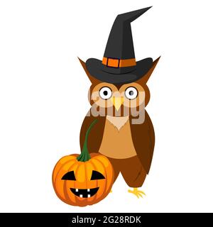 gufo di cartone animato in un cappello, zucca, halloween. vettore isolato su sfondo bianco. Illustrazione Vettoriale