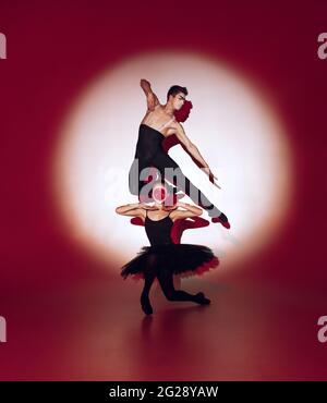 Ballerini balletti che ballano su sfondo rosso dello studio. Design moderno. Luce concettuale colorata e contemporanea come sole nascente al Giappone. Foto Stock