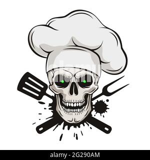 Grinning cranio in cappello da chef con strumenti barbecue incrociati. Cartoon chef cranio in stile disegnato a mano. Griglia master, illustrazione vettoriale grunge. Foto Stock