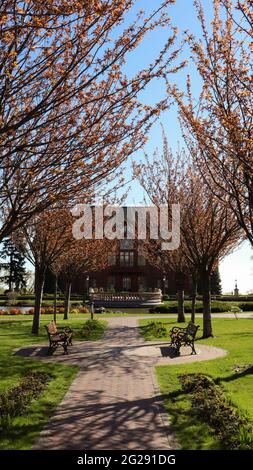 Residenza di lusso dell'ex presidente dell'Ucraina Viktor Yanukovych sulla riva del laghetto. Casa di lusso Honka a Mezhyhirya. Ucraina, Novye Foto Stock