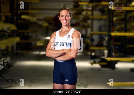 Helen Glover della Gran Bretagna durante l'annuncio del team GB Tokyo 2020 Rowing al Redgrave Pinsent Rowing Lake, Reading. Data immagine: Mercoledì 9 giugno 2021. Foto Stock