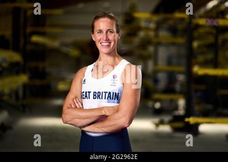 Helen Glover della Gran Bretagna durante l'annuncio del team GB Tokyo 2020 Rowing al Redgrave Pinsent Rowing Lake, Reading. Data immagine: Mercoledì 9 giugno 2021. Foto Stock