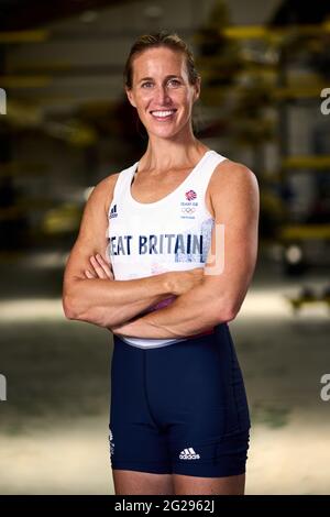 Helen Glover della Gran Bretagna durante l'annuncio del team GB Tokyo 2020 Rowing al Redgrave Pinsent Rowing Lake, Reading. Data immagine: Mercoledì 9 giugno 2021. Foto Stock