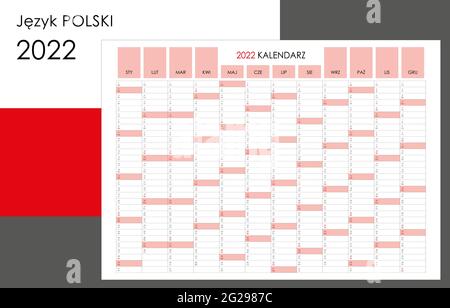 pianificatore 2022. Calendario in formato orizzontale standard e stile semplice. Domenica di colore rosso chiaro. Organizzatore di pareti, modello di pianificazione annuale. Illustrazione Vettoriale