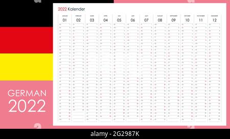 pianificatore 2022. Calendario in formato orizzontale standard e stile semplice. Domenica di colore rosso chiaro. Organizzatore di pareti, modello di pianificazione annuale. Vettore. Illustrazione Vettoriale