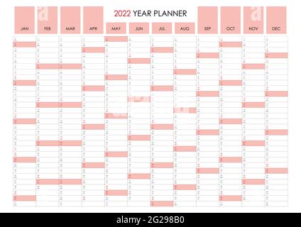 pianificatore 2022. Calendario in formato orizzontale standard e stile semplice. Domenica di colore rosso chiaro. Organizzatore di pareti, modello di pianificazione annuale. Vettore. Illustrazione Vettoriale