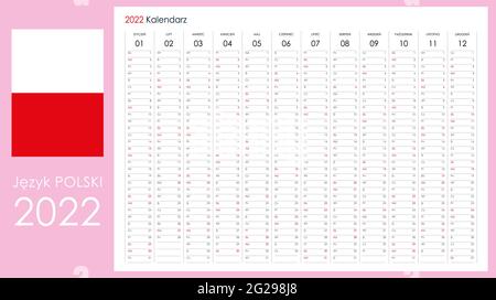 pianificatore 2022. Calendario in formato orizzontale standard e stile semplice. Domenica di colore rosso chiaro. Organizzatore di pareti, modello di pianificazione annuale. Illustrazione Vettoriale