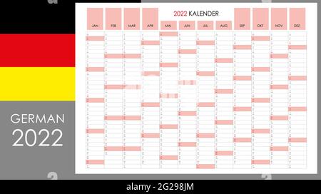 pianificatore 2022. Calendario in formato orizzontale standard e stile semplice. Domenica di colore rosso chiaro. Organizzatore di pareti, modello di pianificazione annuale. Vettore. Illustrazione Vettoriale