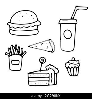 Set di cartelli per il Doodle Cafe. Contorni fast food, dolci isolati su sfondo bianco. Cartello del menu cheat meal. Hamburger gustoso, soda, patatine fritte, pizze Illustrazione Vettoriale