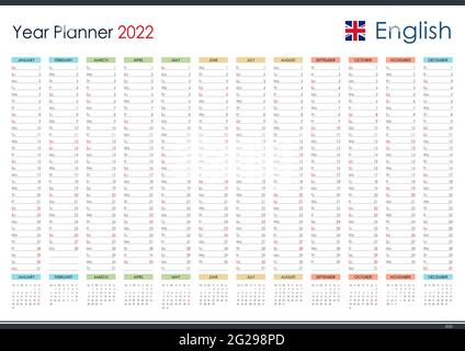 Calendario pianificatore per il 2022. Organizzatore di pareti, modello di pianificazione annuale. Illustrazione vettoriale. Mesi verticali. Una pagina. Set di 12 mesi. Illustrazione Vettoriale