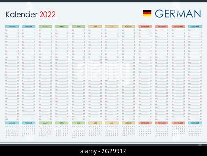 2022 Wall Planner in tedesco. Calendario annuale e organizzatore. Layout semplice a colori. Modello per l'azienda e la famiglia. 12 mesi verticali. Illustrazione Vettoriale