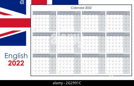 Calendario annuale per il 2022. Pianificatore di pareti con spazio libero per le note. Layout orizzontale, modello con 12 mesi su una pagina. La settimana inizia dal lunedì. Illustrazione Vettoriale