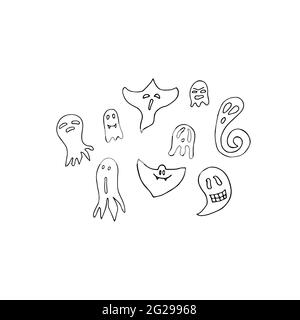 Doodle Halloween Ghosts Set. Contorni Ghosts isolati su sfondo bianco. Spiriti terrosi carino disegnati a mano. Personaggi mistici con fangs. Dispositivi vettoriali Illustrazione Vettoriale