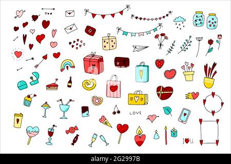 Doodle San Valentino Set. Simbolo d'amore disegnato a mano isolato su sfondo bianco. Carino regali, fiori, vasi, bandiere, lettera, dolci con cuore. Sensazioni Illustrazione Vettoriale