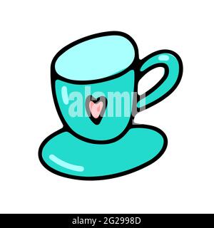 Tazza di caffè Doodle. Deliziosa bevanda calda isolata su sfondo bianco. Tè blu, latte, cappuccino, tazza americana con cuore, piattino. Illustratore di igge vettoriale Illustrazione Vettoriale